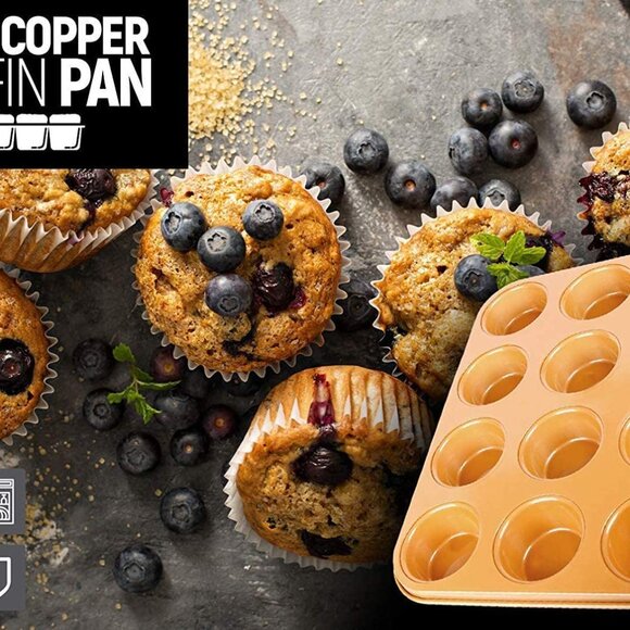 Copper Professional Healthy 12 Cup Cake and Muffins Baking Pan Sheet - Picture 1 of 3